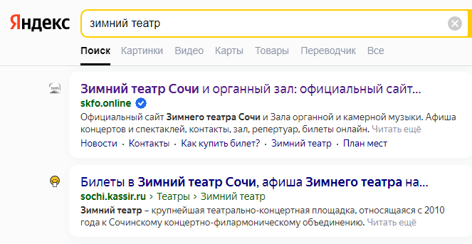 Зимний театр Сочи (скриншот выдачи Яндекса)
